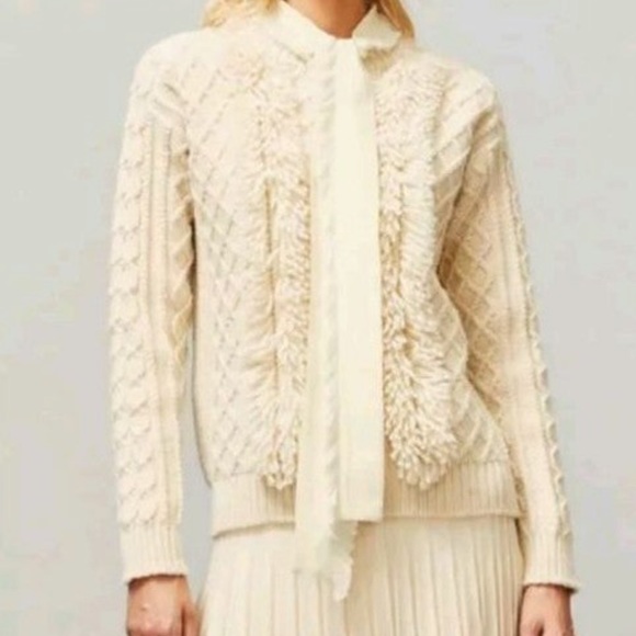 Tory Burch Cable Saddle Sleeve Sweater Tan Ivory Fringe NWT Size XL - Picture 4 of 4